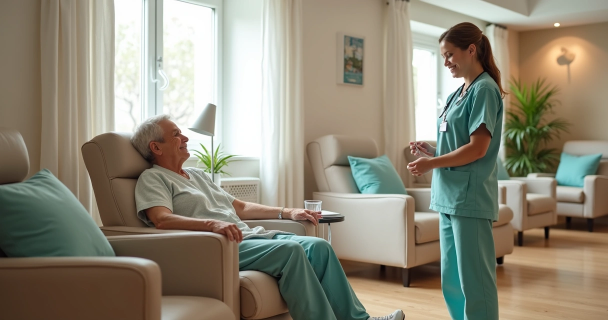 Paciente em poltrona confortável recebendo infusão em clínica de reumatologia acolhedora
