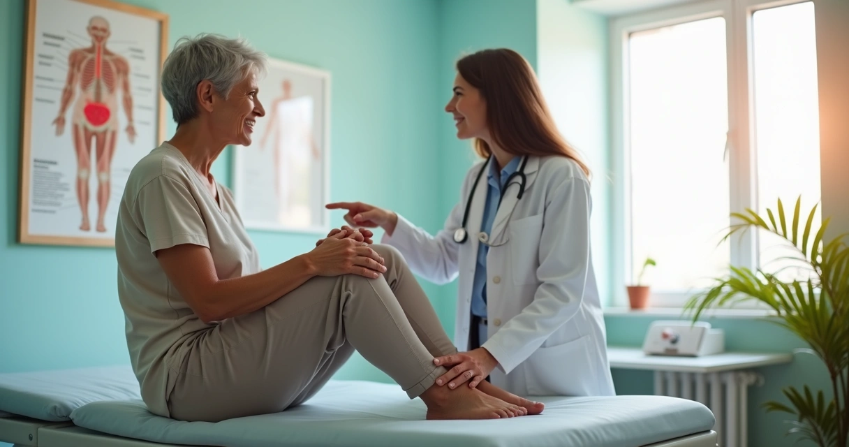 Mulher tocando o joelho dolorido em consultório médico