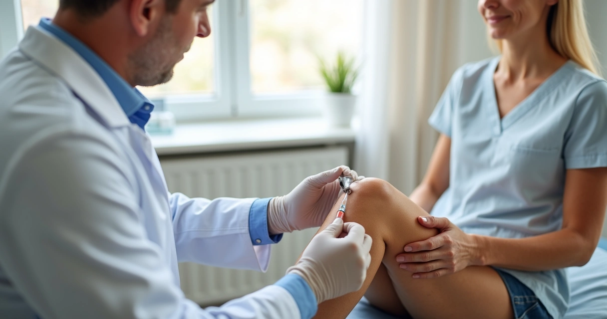 Médico aplicando infiltração de ácido hialurônico no joelho de paciente em consultório moderno