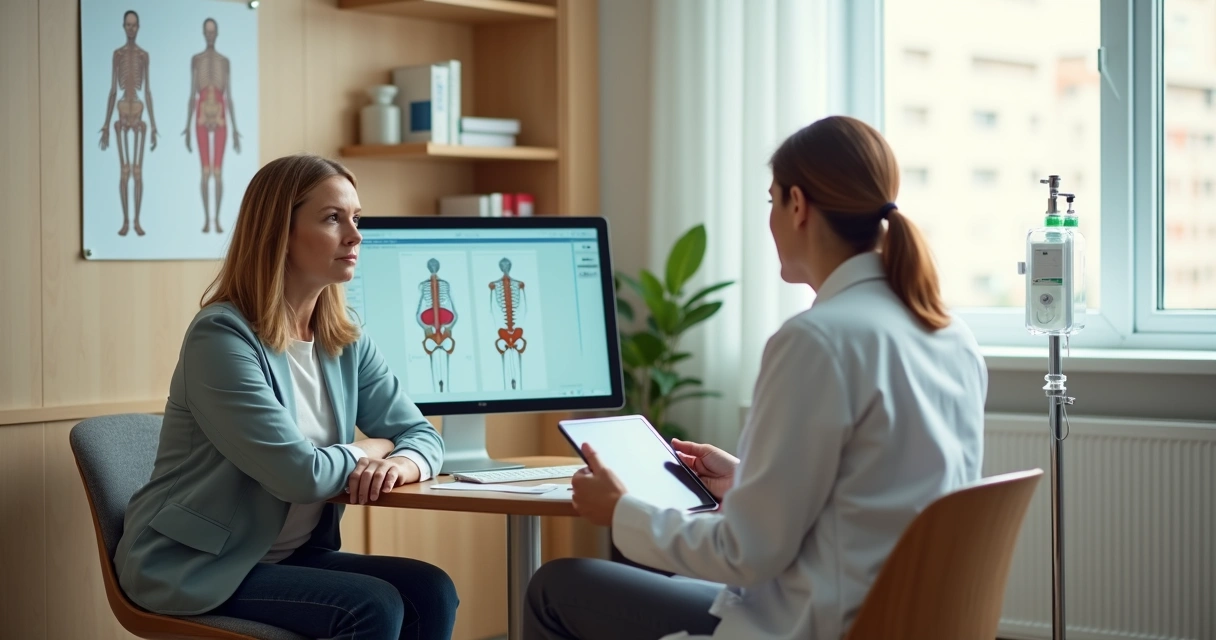Paciente conversando com reumatologista avaliando opções de infusão e infiltração